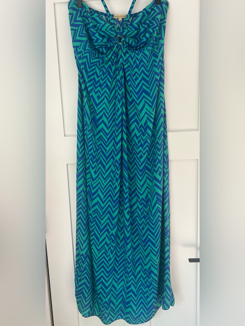 Pineapples Chevron Halter Maxi Dress Blue Green Ring Detail L